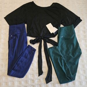Fabletics 3pc Black Back-Tie Top with Blue and Green Leggings Womens Medium #2